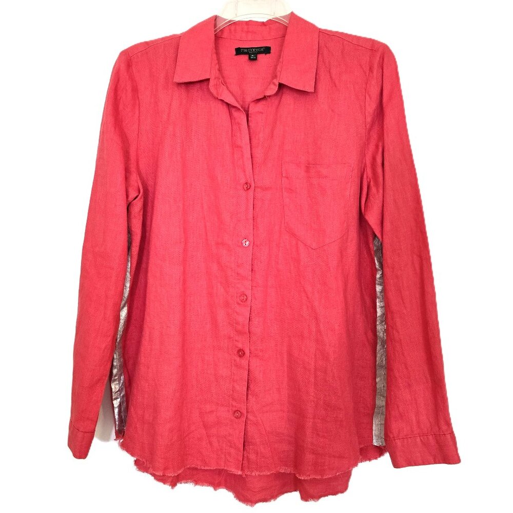 For Cynthia Petite 100% Linen Raw Hem Shirt, Metallic Silver Stripe-Petite Large